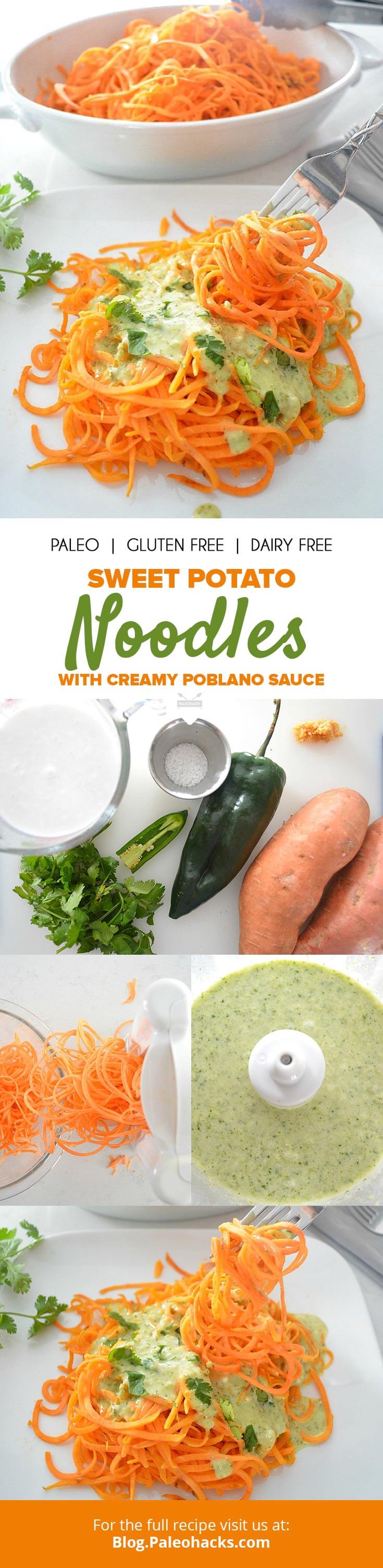 These easy-to-make delicious sweet potato noodles are topped with a creamy poblano sauce. This dish would be terrific served with grilled chicken for dinner