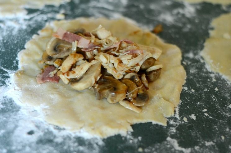 filling spread on rolled out dough 