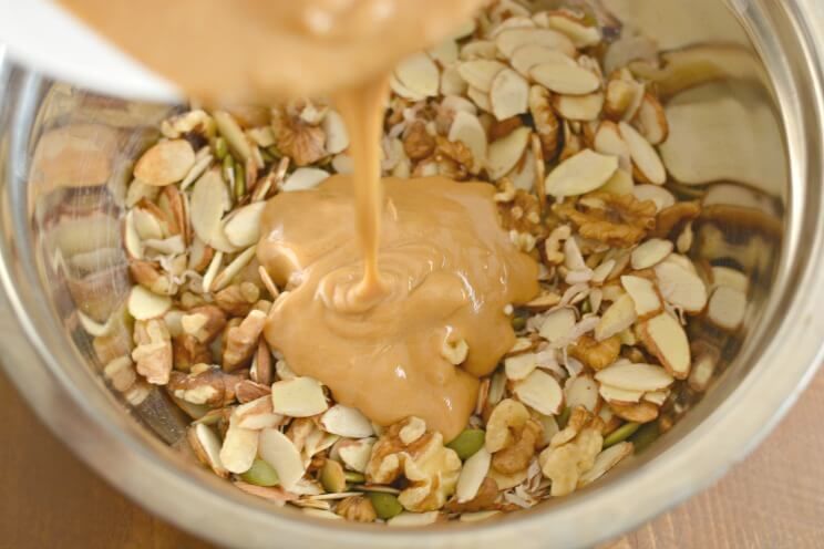 almond butter poured over granola
