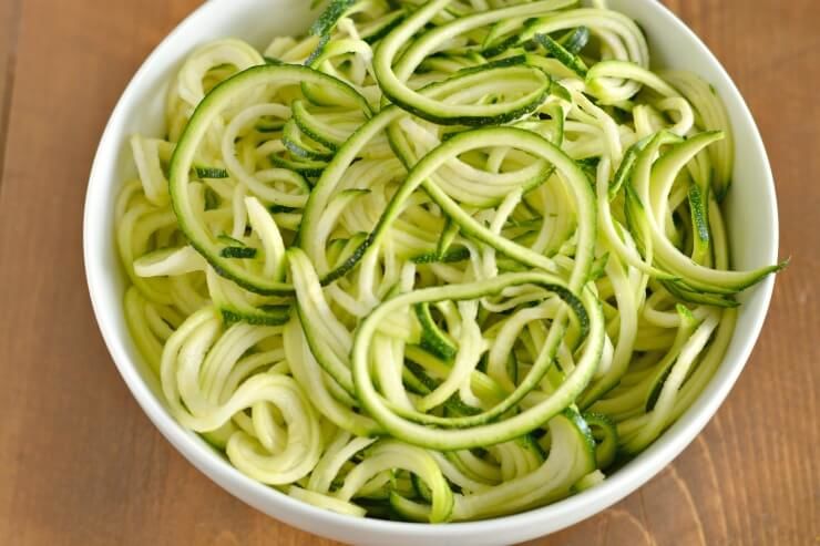 spiralized zucchinis in a bowl