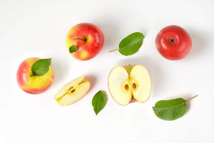 apples and leaves arranged on a white background