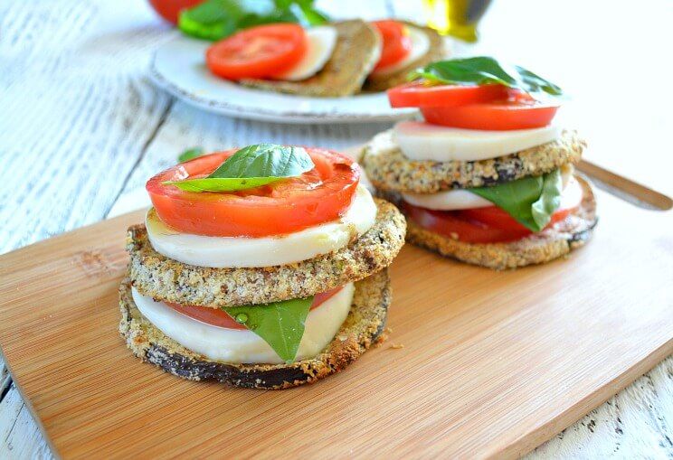 Baked Eggplant Caprese Stacks Coated in Almond Meal