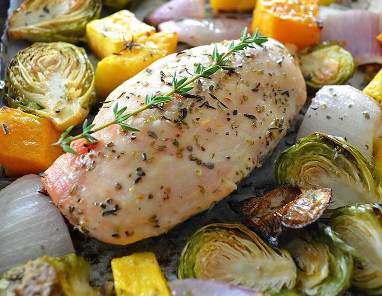 One-Pan Harvest Chicken Dinner with Brussels Sprouts and Butternut Squash