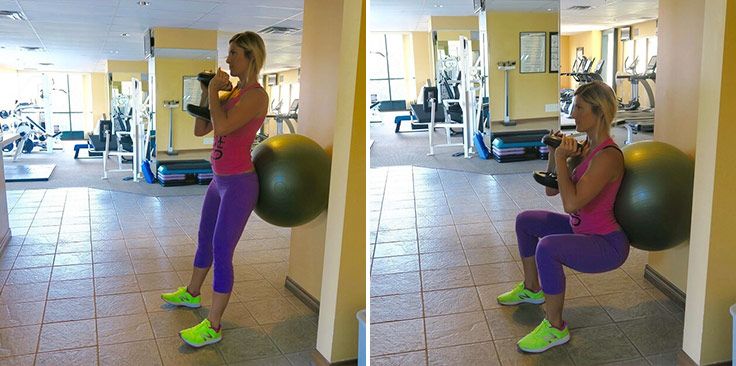 Swiss Ball Assisted Deep Squats with Dumbbell