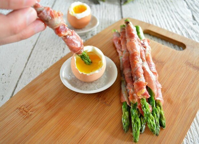 ProsciuttoWrapped Asparagus Dipped in Soft Boiled Eggs