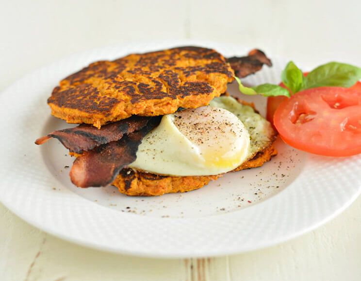 bacon,& egg sweet potato pancake breakfast sandwich