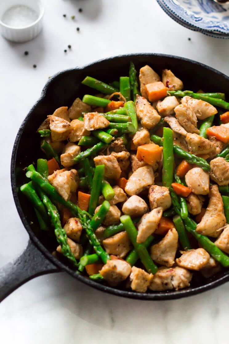 asparagus and sweet potato chicken skillet