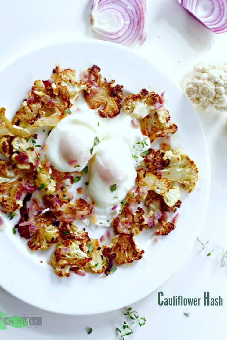 cauliflower hash with poached eggs