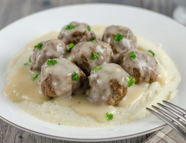 Mashed Garlic Cauliflower and Meatballs Smothered in Gravy 3