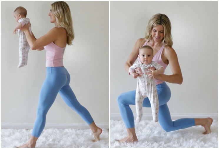 super MOM workout rotating baby lunge dips
