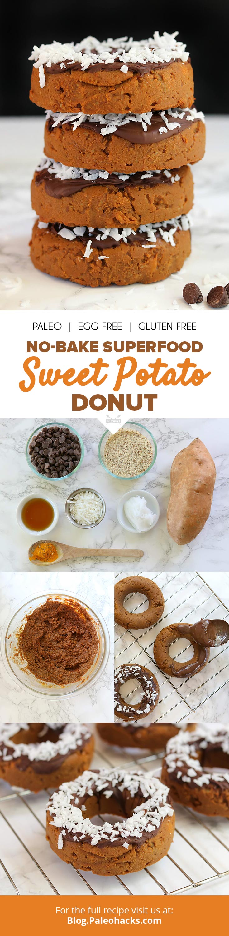 All the decadence of a donut without the processed ingredients and zero baking! These sweet potato, turmeric-packed donuts get dipped in antioxidant dark chocolate for a superfood treat.