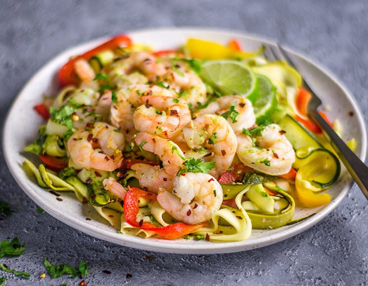 15-Minute Pesto Shrimp Pasta with Zucchini Noodles