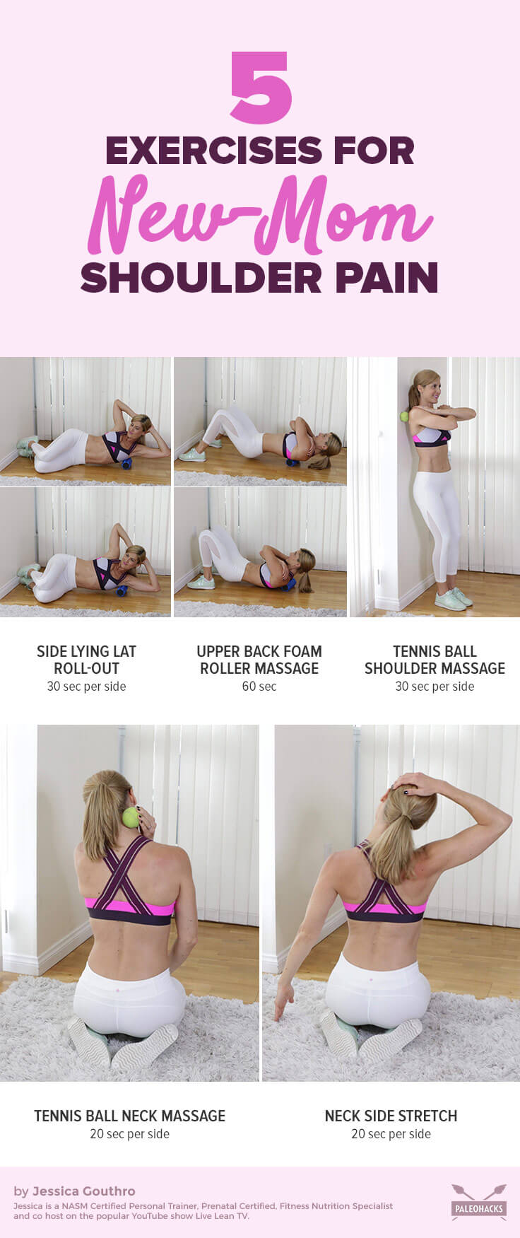 Soothe your new-mom shoulder pain with these easy moves to massage and stretch strained muscles. All you need is a foam roller and a tennis ball!