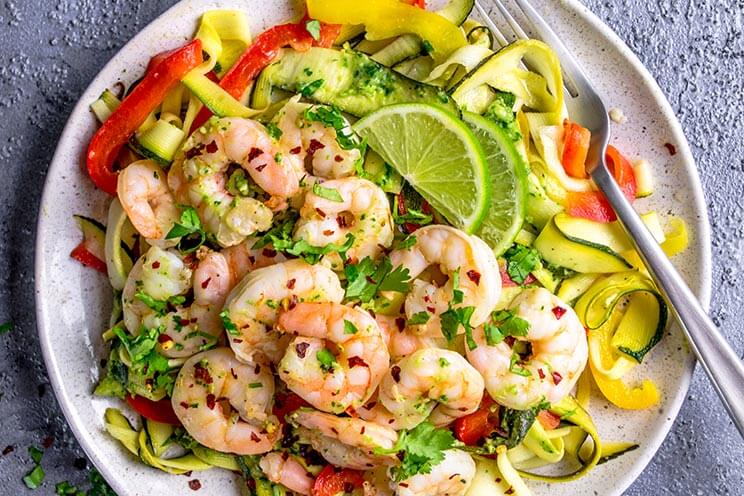 15-Minute Pesto Shrimp Pasta with Zucchini Noodles