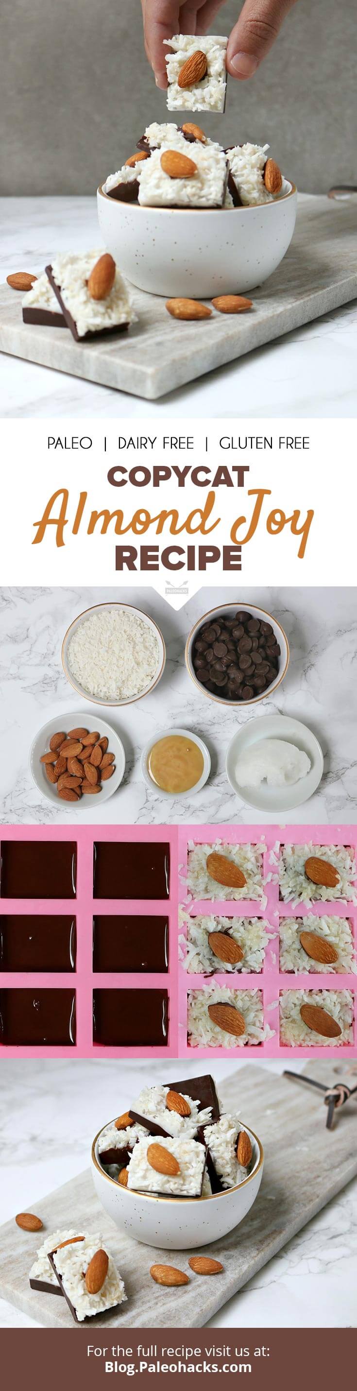 Mineral-rich raw honey, coconut, dark chocolate and almonds form a copycat Almond Joy candy bar with health benefits to boot.