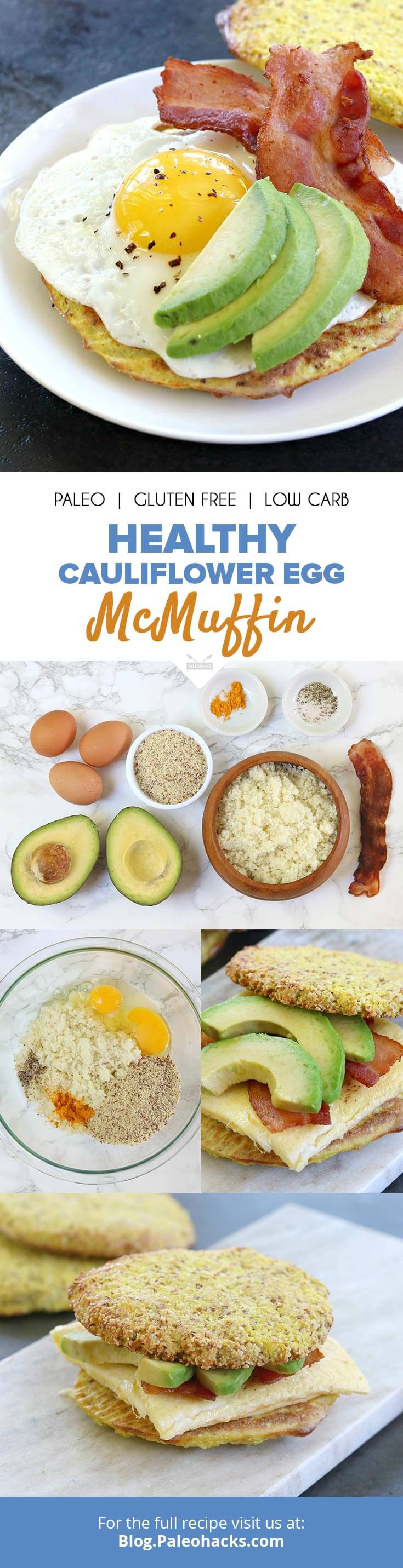 The fast food breakfast sandwich you hate to love gets a Paleo upgrade with turmeric-spiced cauliflower "McMuffins" with fresh eggs and slices of avocado.