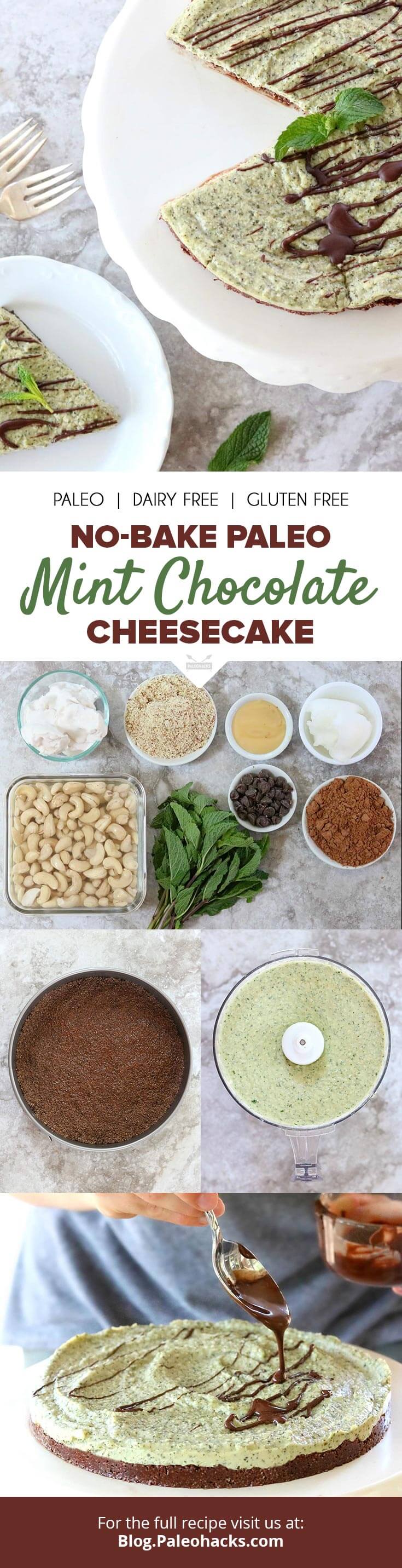 A cacao crust, real mint flavor and a drizzle of dark chocolate on top makes this creamy, no-bake mint chocolate cheesecake a dessert favorite. 