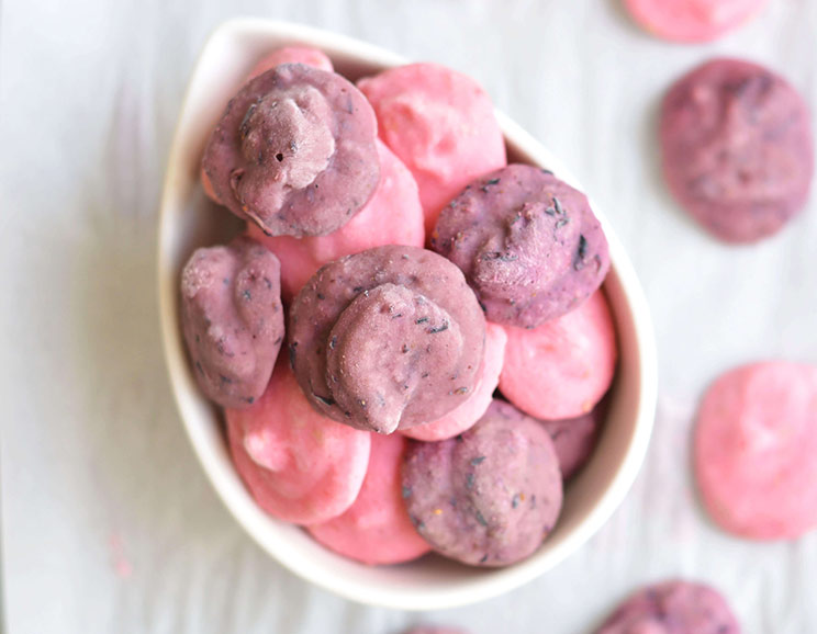 These yogurt bites are made from dairy-free coconut yogurt and fresh, seasonal fruit for a yummy frozen treat. This recipe uses blueberries and raspberries.