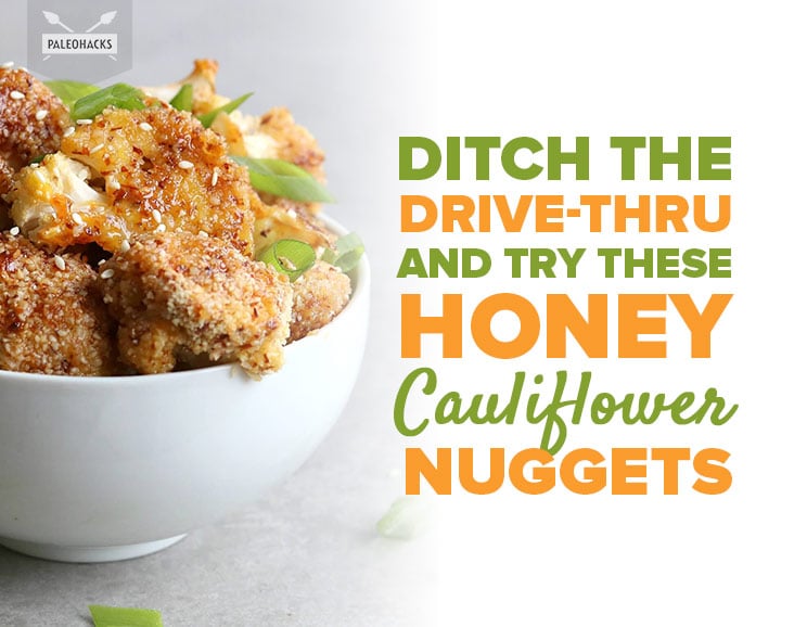 Sweet and sticky cauliflower nuggets are smothered in a raw honey and garlic sauce for a dish that satisfies. Gluten free, grain free and 100% vegetarian.