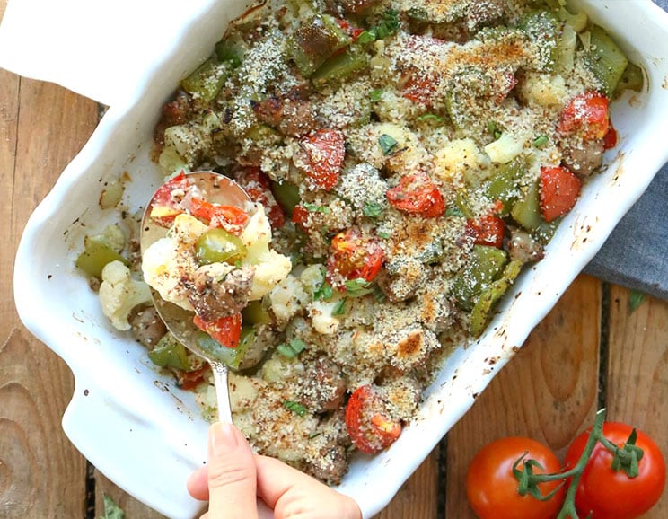 Loaded Cauliflower Casserole with Pork Sausage and Veggies