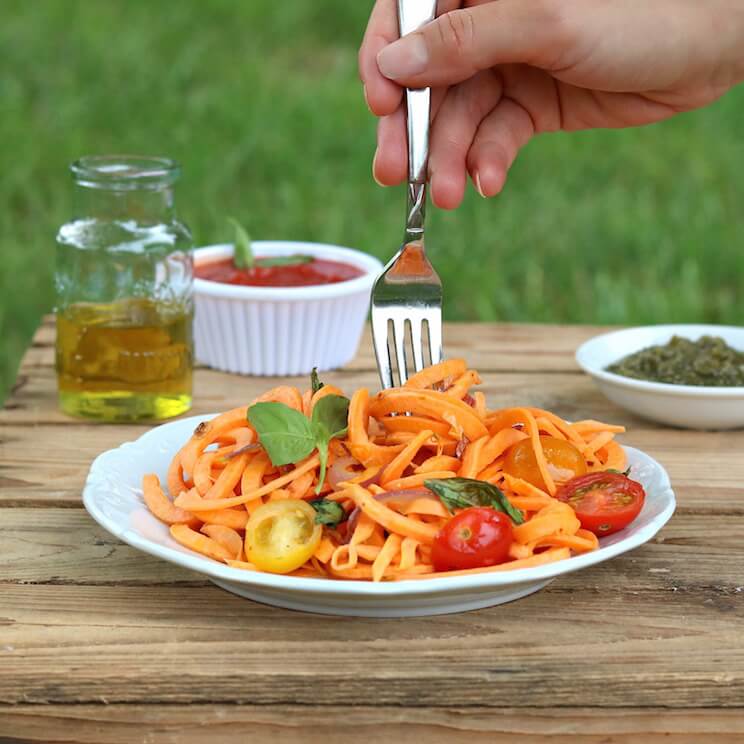 This sweet potato pasta is tossed with tomato and basil for a quick and easy one-pot dish that’s ready in under 30 minutes!