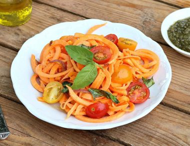 This sweet potato pasta is tossed with tomato and basil for a quick and easy one-pot dish that’s ready in under 30 minutes!
