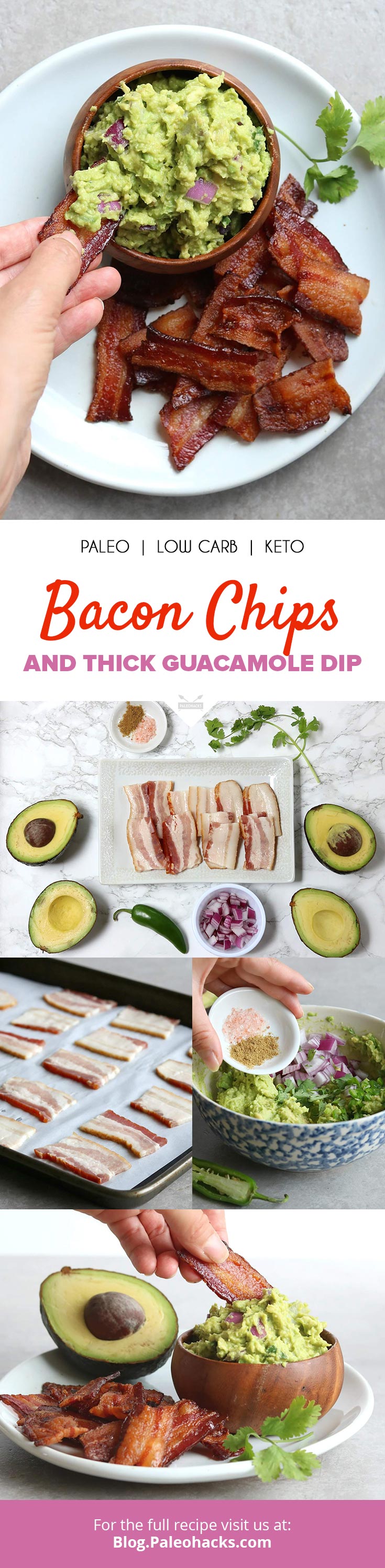 Swap tortilla chips for crisp bacon chips and dip in rich guacamole! It’s the perfect recipe for game-day entertaining or as a movie-watching munchie.