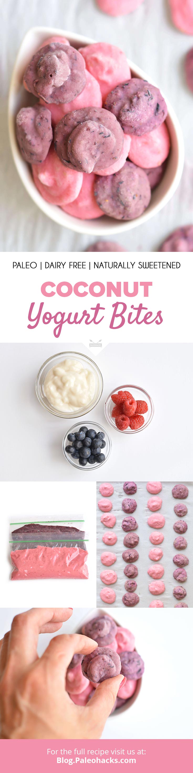 These yogurt bites are made from dairy-free coconut yogurt and fresh, seasonal fruit for a yummy frozen treat. This recipe uses blueberries and raspberries.