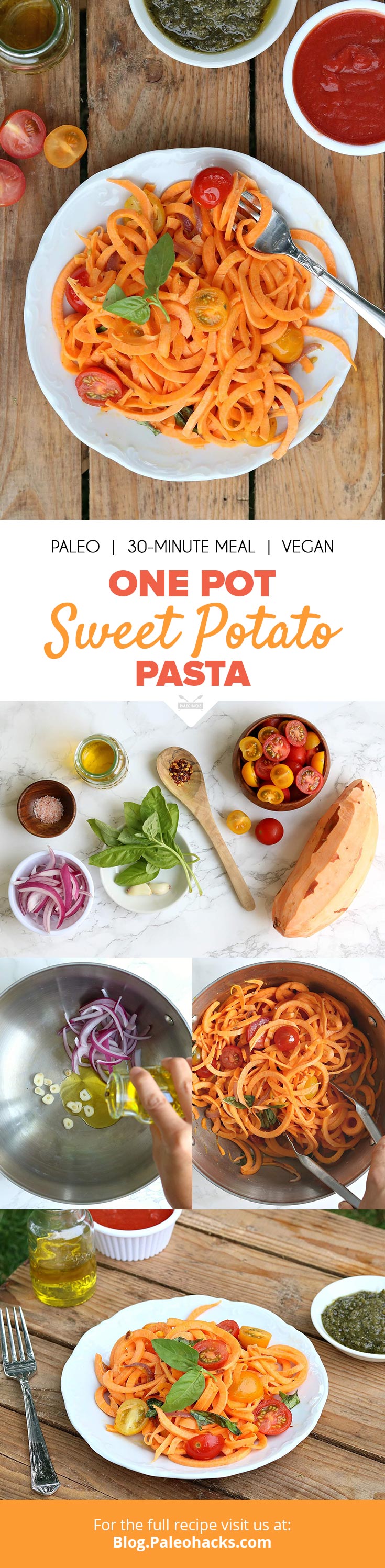 This sweet potato pasta is tossed with tomato and basil for a quick and easy one-pot dish that’s ready in under 30 minutes!