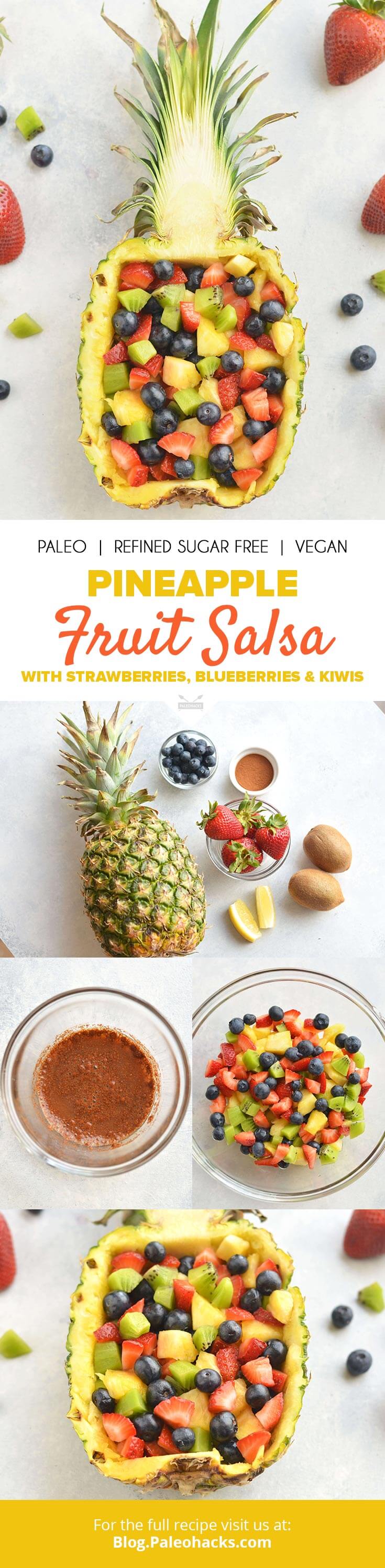 Serve this fresh and easy strawberry kiwi fruit salsa in a hollowed-out pineapple bowl for a warm weather cookout dazzler!