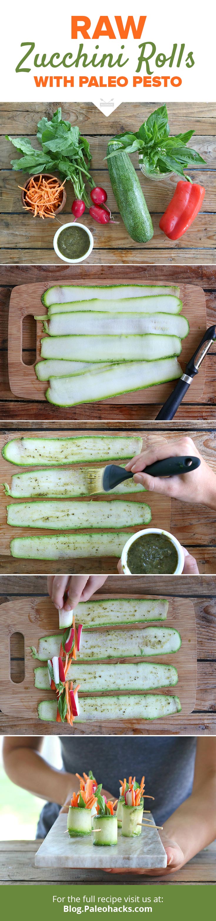 Stuffed with raw, fresh veggies, these light zucchini rolls get an herby kick from a rich basil pesto. Sushi rolls fit for vegetarians!