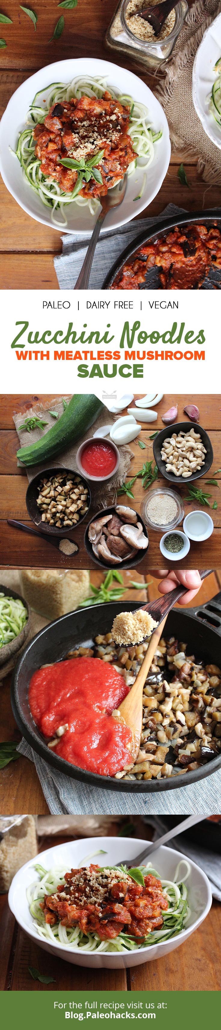 Dig into this delicious plate of zucchini noodles topped with a meatless mushroom marinara! The base of flavorful marinara is made with eggplant & mushrooms