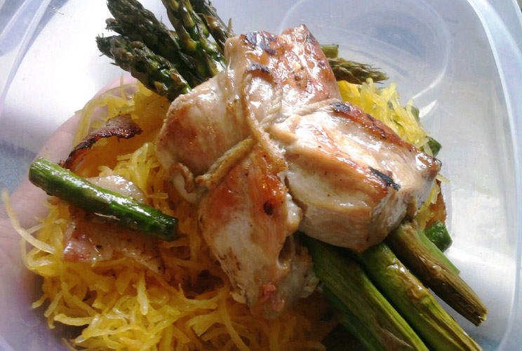 Pork Wrapped Asparagus With Bacon Infused Spaghetti Squash