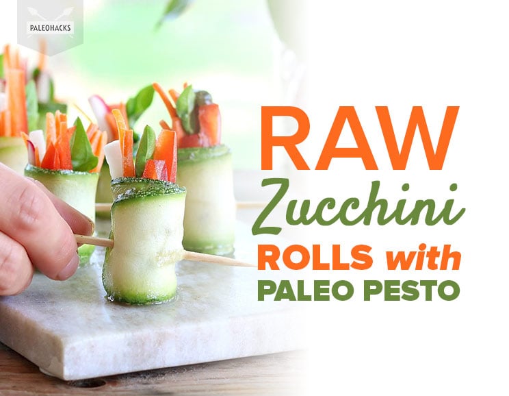 Stuffed with the raw, fresh veggies, these light zucchini roll-ups get a herby kick from the rich basil pesto.