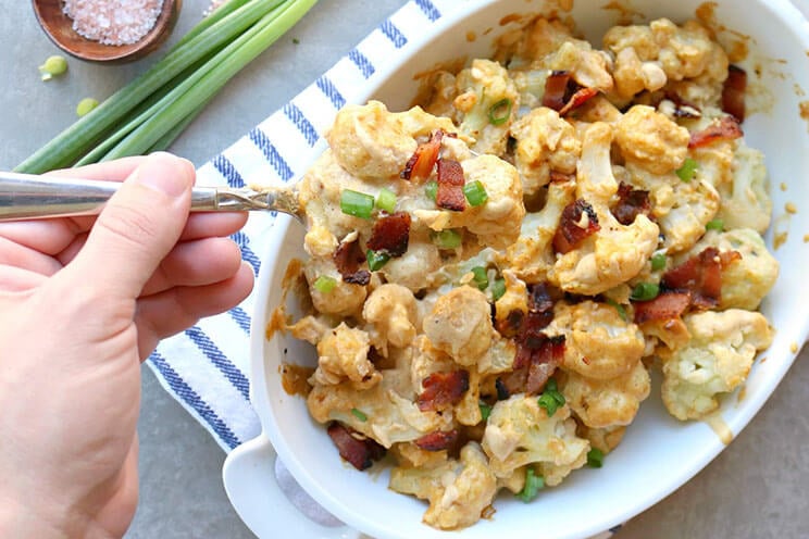 For a healthier version of a kid favorite, make these cauliflower mac and cheese bites slathered in a creamy, dairy-free sauce and loaded with bacon!