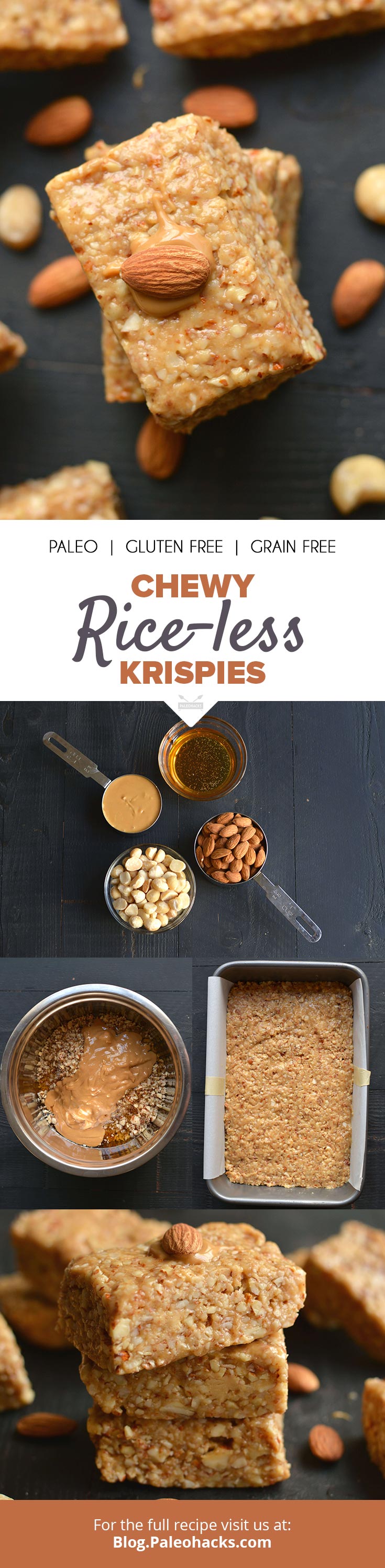 Smooth, buttery and chewy, these Rice-less Krispies - inspired treats are made with only 4 ingredients. High in protein and fat, gluten free and grain free.