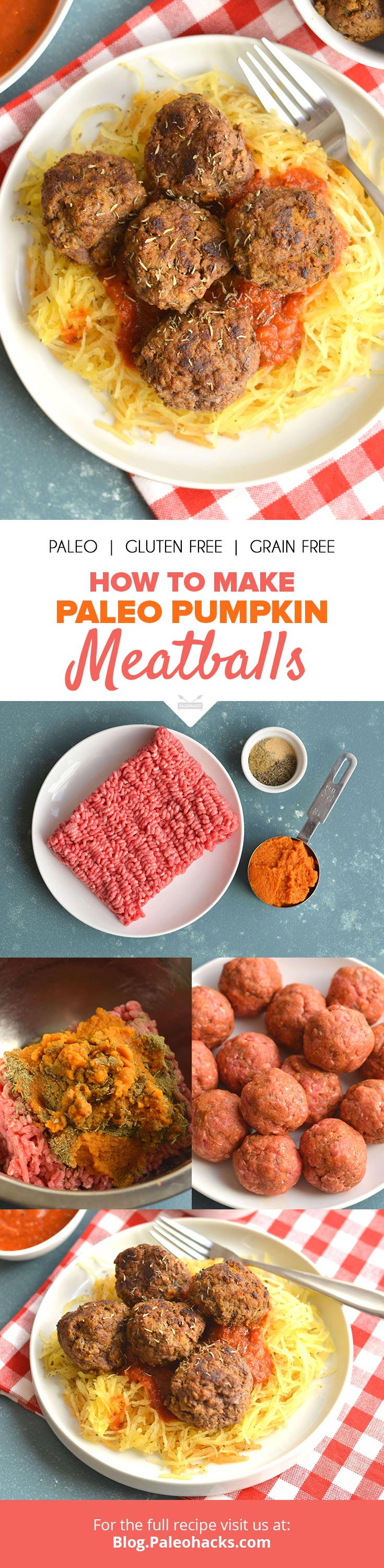 Enter Paleo Pumpkin Meatballs! A savory, easy-to-make fall-inspired dish made with five ingredients – beef, pumpkin purée, thyme and sage.