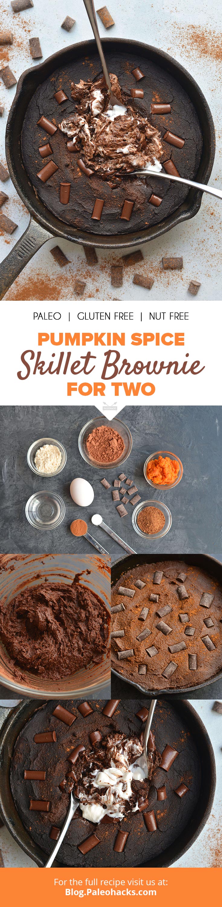 Warm, rich and fudgy, this Paleo Pumpkin Spice Skillet Brownie is the perfect dessert for two! Filled with pumpkin purée and warm, comforting spices.