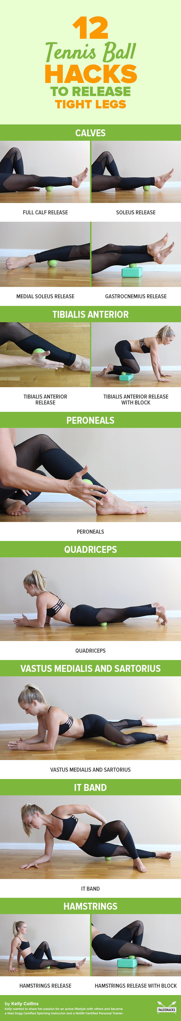 Release your calves, hamstrings, IT bands and other trigger points on your legs using these simple DIY tricks with tennis balls. Tennis Ball Massage.