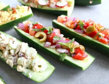 Breadless cucumber sandwiches stuffed four different ways! If you are looking to switch up your lunch routine, we have the recipe for you.