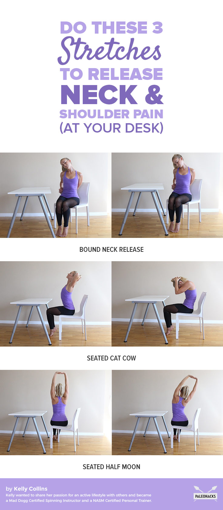 Take a break from work and try these easy stretches at your desk to release neck and shoulder pain.