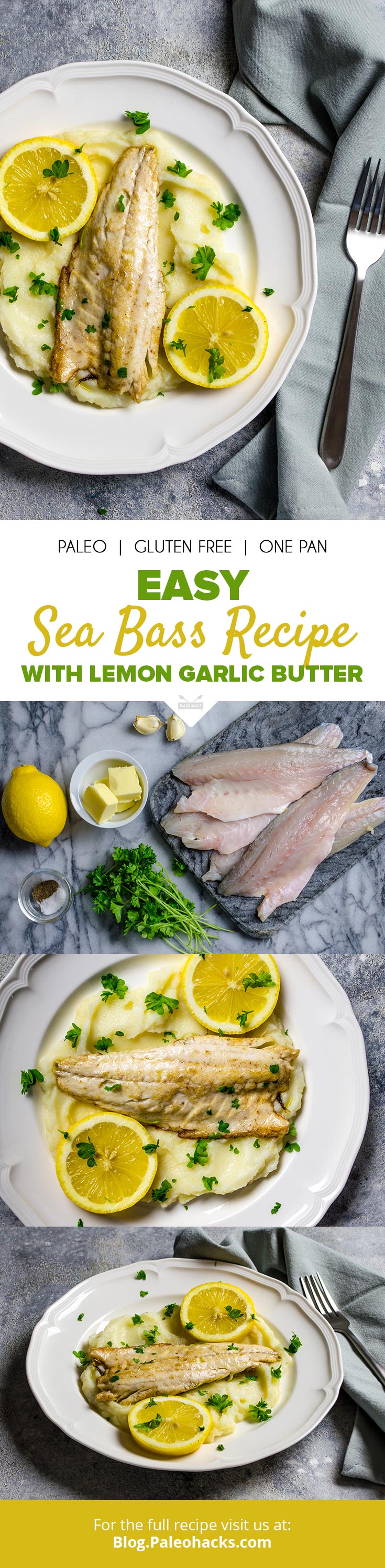 Flaky, pan-roasted sea bass fillets topped with an easy lemon garlic butter sauce. You're just 5 ingredients away from this pan-seared lemon garlic sea bass.