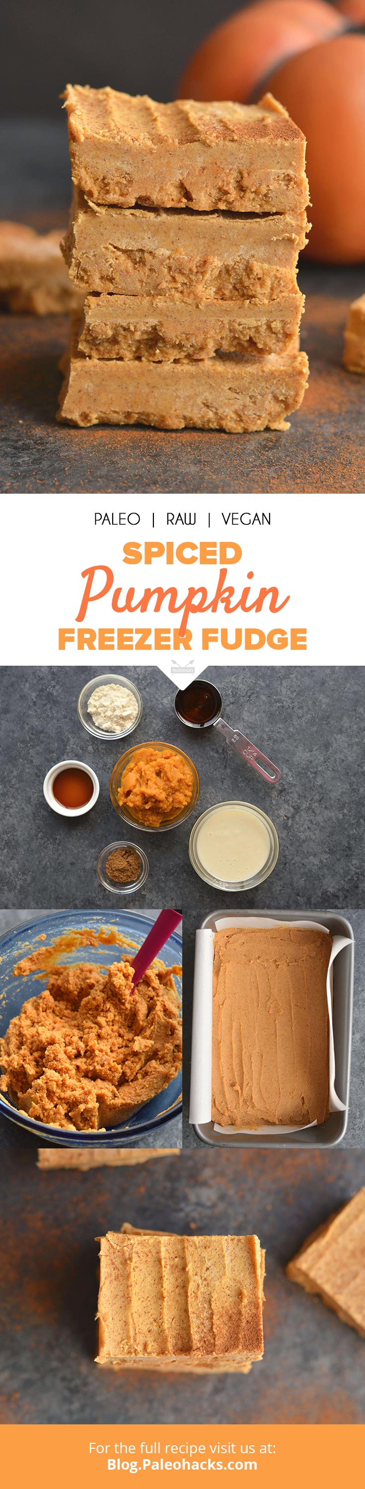 This no-bake pumpkin freezer fudge is made with coconut butter and only five other wholesome ingredients. Absolutely no processed sugar here!