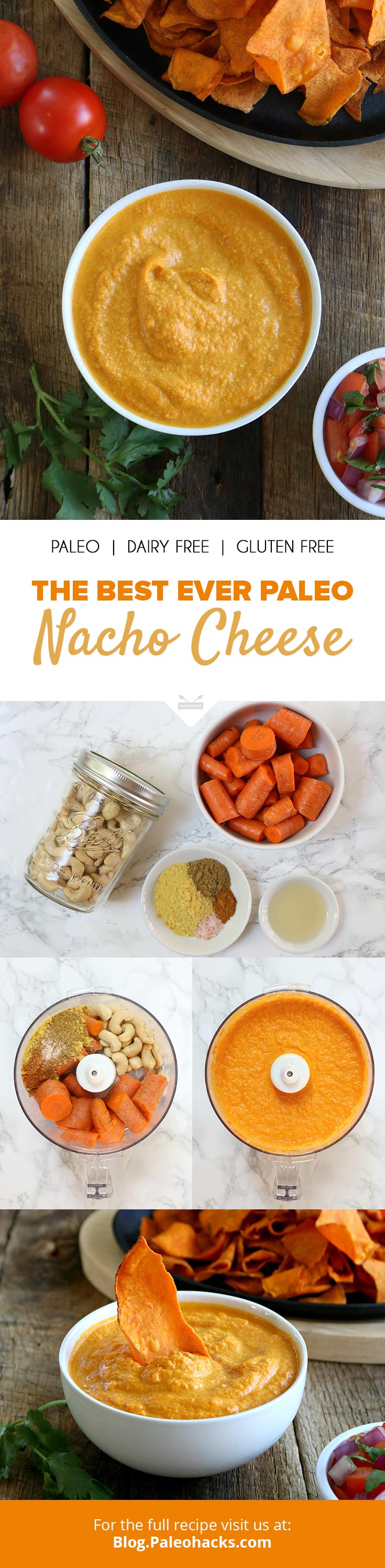 Drizzle this creamy nacho cheese sauce over everything from tacos to veggie chips! Include action shot with crispy sweet potato chip!