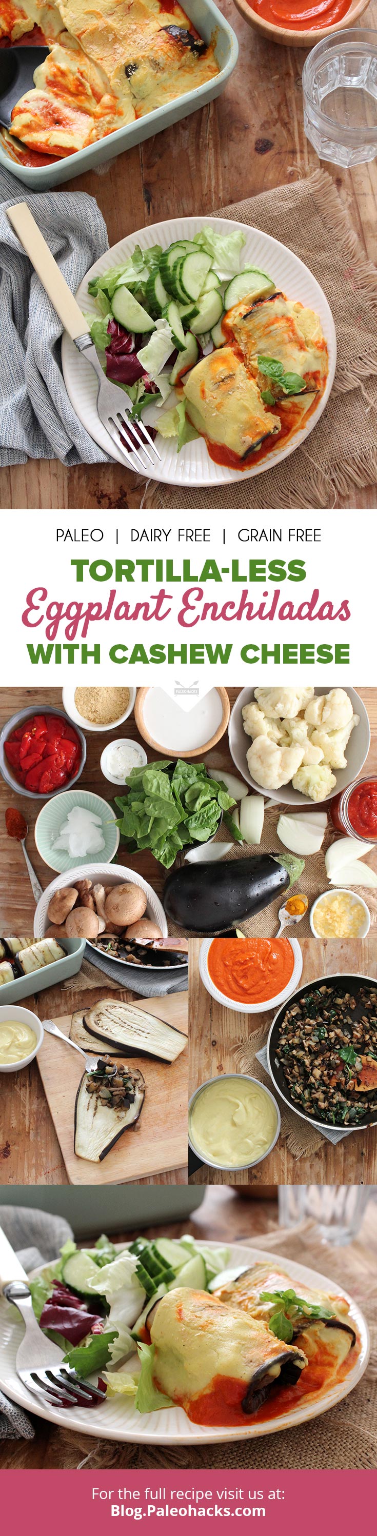 Roasted eggplant slices get wrapped around a mushroom filling, covered with a creamy tomato sauce and drenched in cashew cheese for enchiladas.
