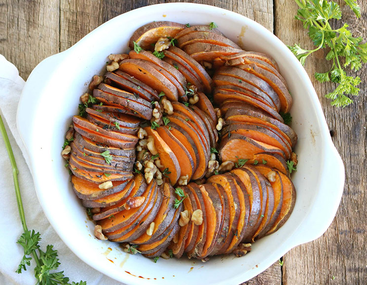 Scalloped Sweet Potatoes Drizzled with Buttery Maple Ghee