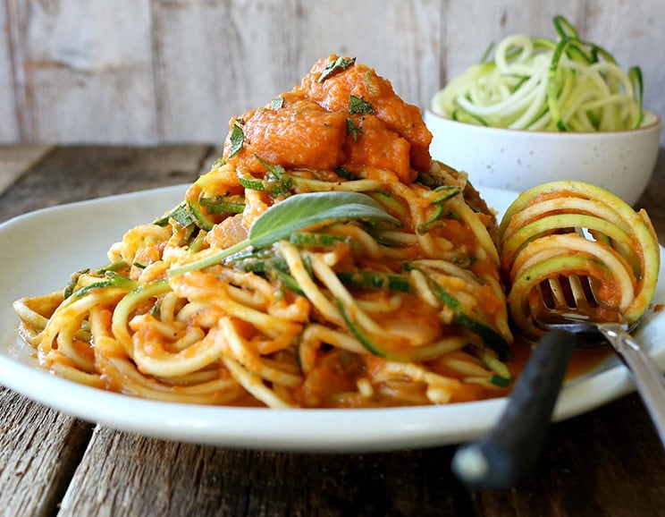 Smother this creamy pumpkin pasta sauce over zucchini noodles for an autumn-inspired meal.