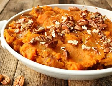Maple syrup, cinnamon and pecans elevate these buttery mashed sweet potatoes to the next level.