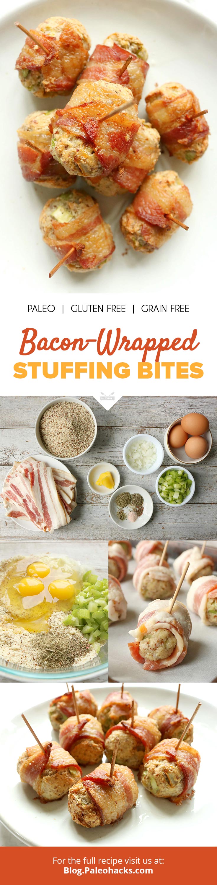 Deliciously grain-free stuffing gets wrapped in savory bacon for the perfect holiday appetizer!