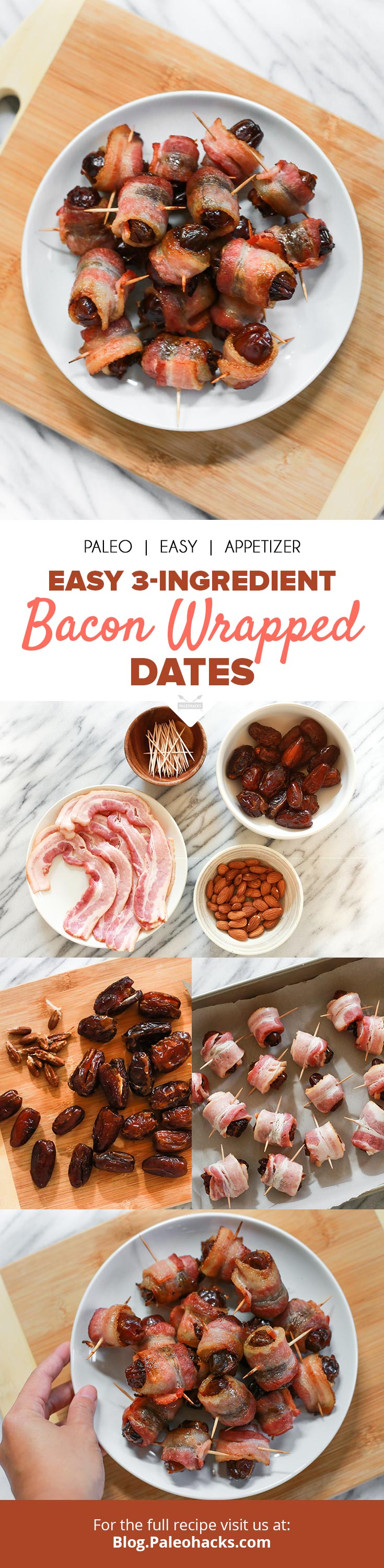 Savory bacon wrapped dates are stuffed with almonds and roasted in the oven for a classic sweet and salty appetizer on a stick.